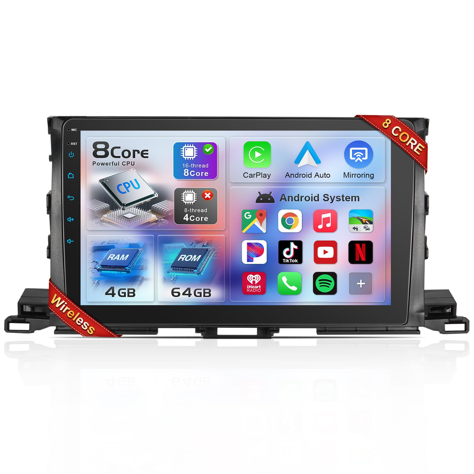 [8core 4+64G] 11 inch Car Radio Stereo for Toyota Highlander 2014-2019 CarPlay, Head Unit with Wireless Carplay & Android Auto, Support GPS/WiFi/Bluetooth/SWC, FM, Backup Camera