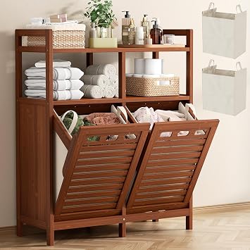 Homykic Bamboo Double Tilt Out Laundry Hamper Cabinet with 2 Bags, Walnut