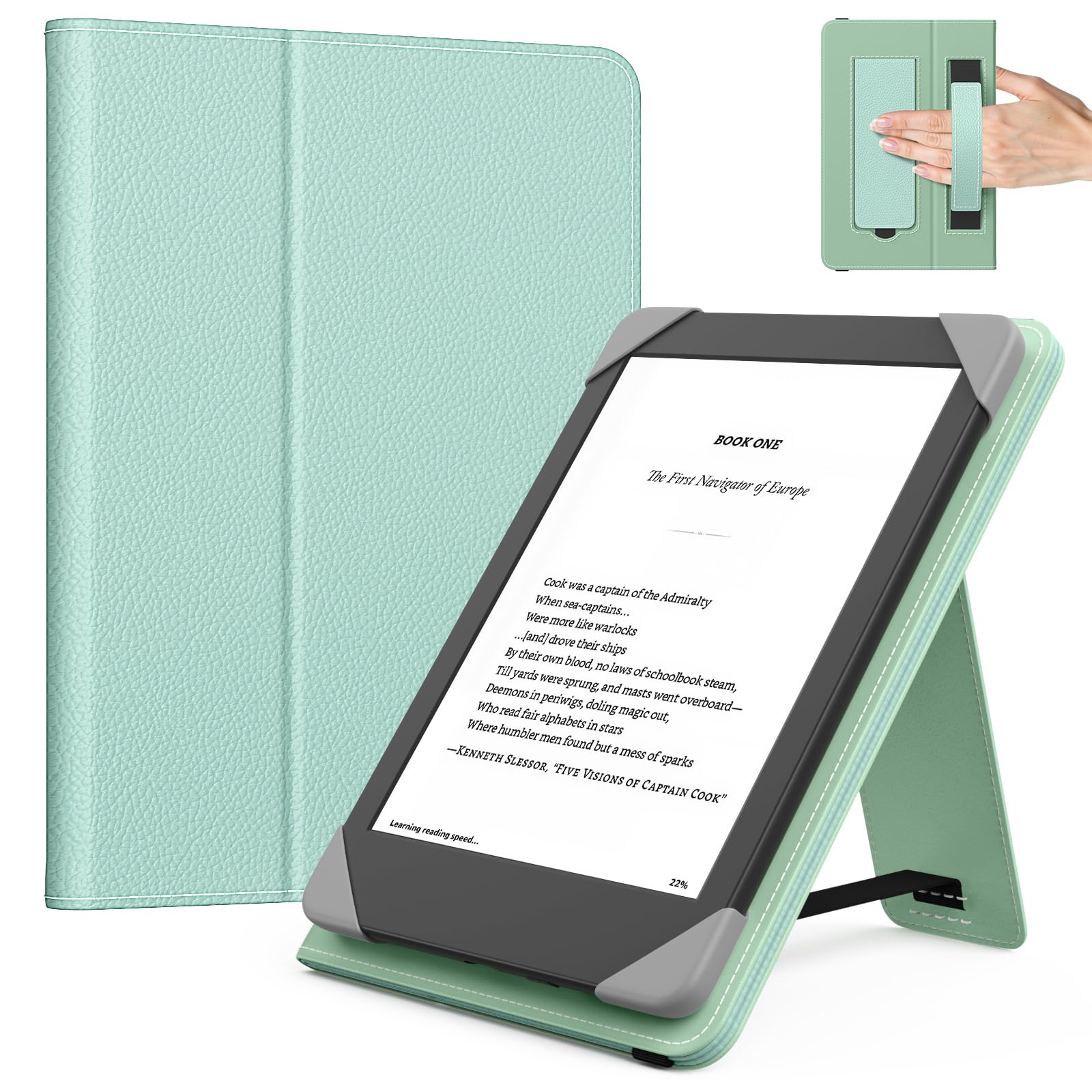 MoKo Universale Custodia per 6 Pollici Kindle eReader, Custodia Leggera Folio con Cinghia e Cavalletto, Verde Tequila Litchi