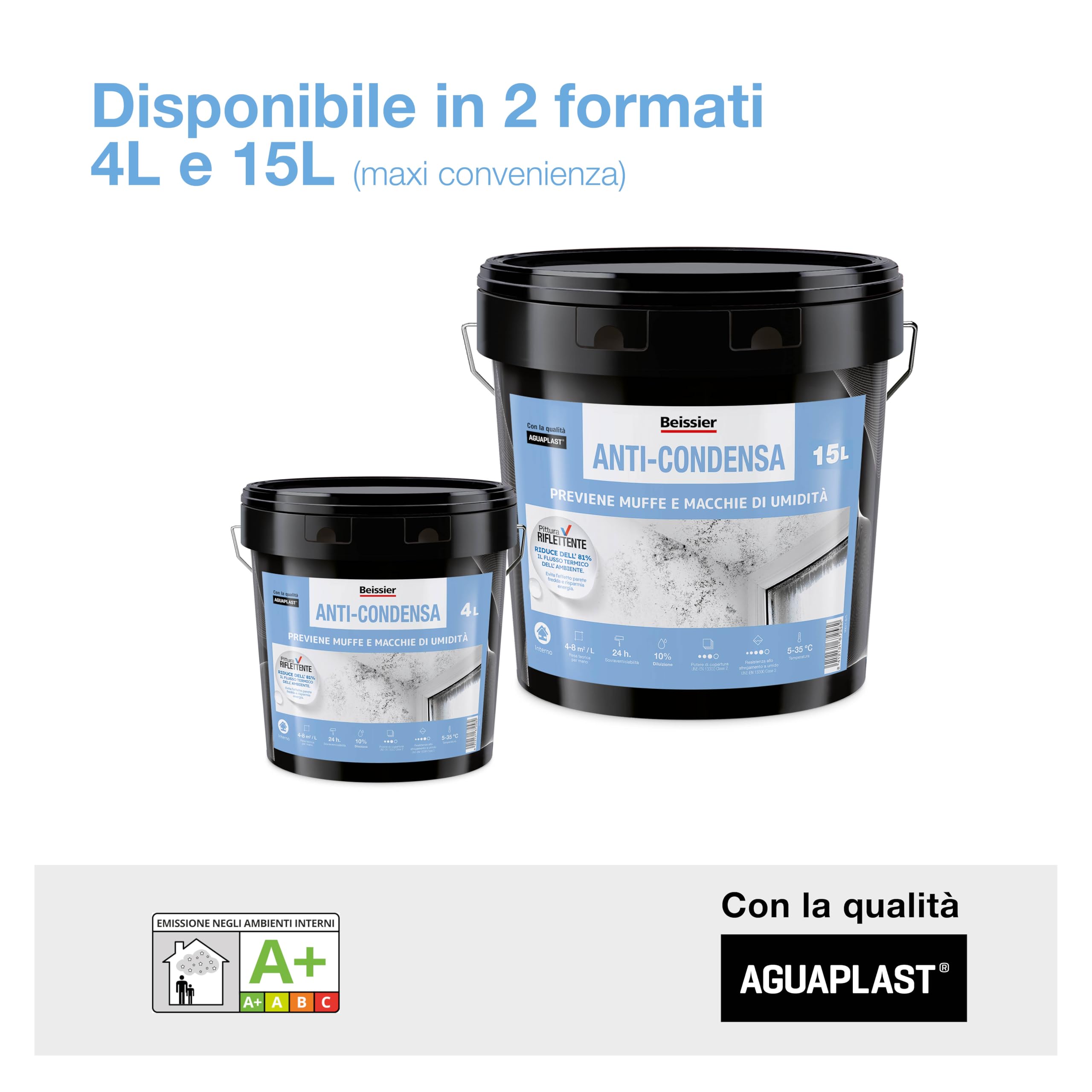 Pittura Antimuffa e Anticondensa per Interni Aguaplast – Elimina Muffa e Umidità – Isolante Termico per Pareti Fredde – Ideale per Bagno e Cucina – Bianco 4lt