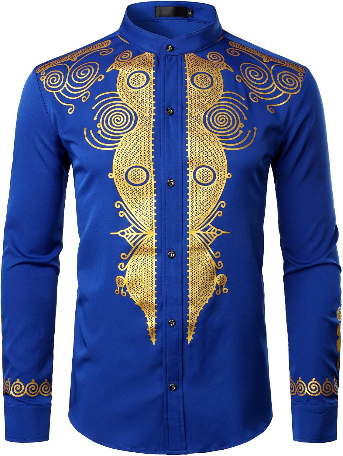 LucMatton Men's African Luxury Gold Printed Button up Dress Shirt Mandarin Collar Long Sleeve Dashiki
