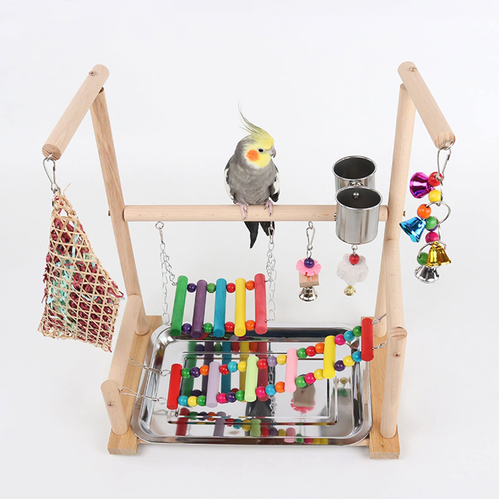 Vogelsitzstange, Spielplatz, Leiter, Schaukeln, Glocke, Kauspielzeug für Papageien, Wellensittiche, Käfigzubehör mit Edelstahl Futterbechern, Vogelsitzstange, Ständer, Plattform, Spielplatz, Naturholz