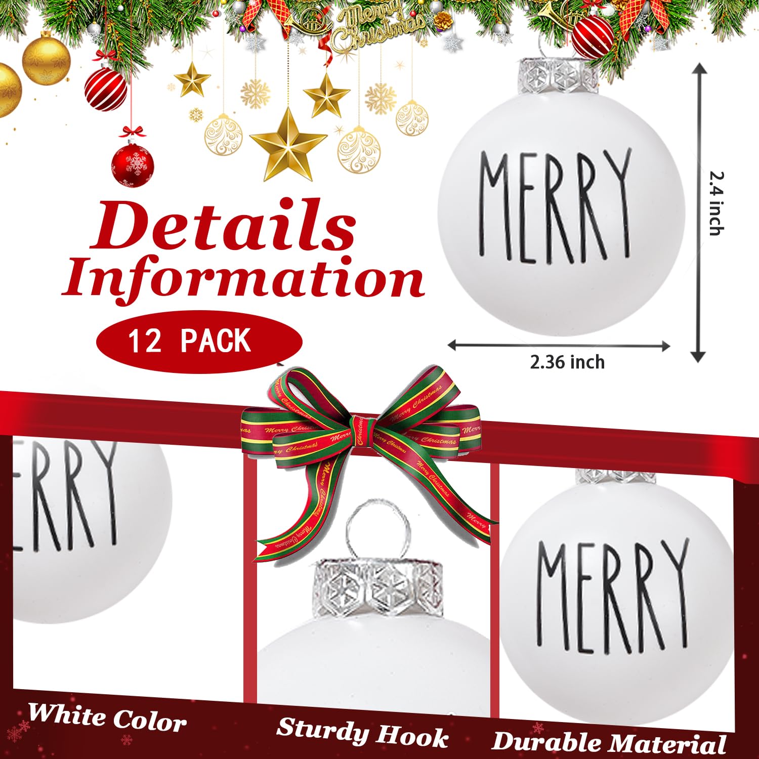 MLMTFI 12 Pcs Christmas Ball Ornaments 2.36'' Shatterproof White Bulbs with Buffalo Plaid Bows Hanging Ornament Balls Farmhouse Christmas Tree Decor Home Tree Party Decor Xmas Plastic Ball Decorations