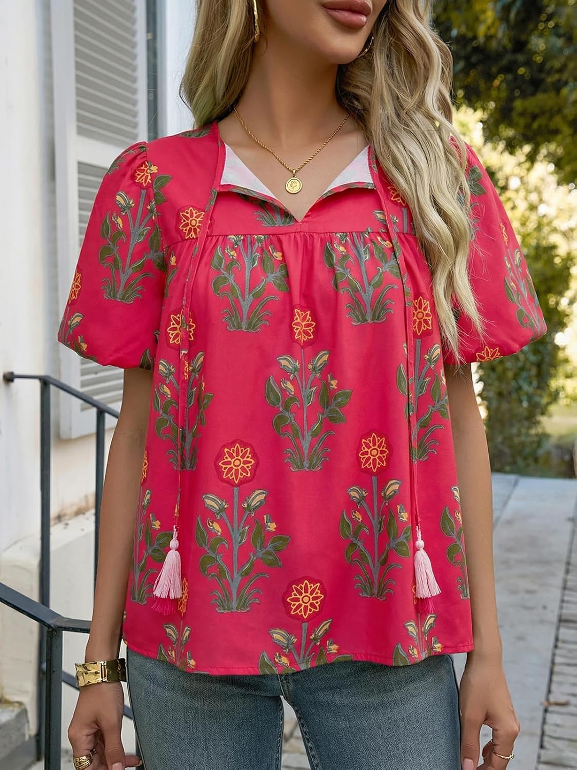 Cicy Bell Womens Boho Floral Blouses Short Puff Sleeve V Neck Babydoll Shirts Flowy Tie Front Tops - Image 4