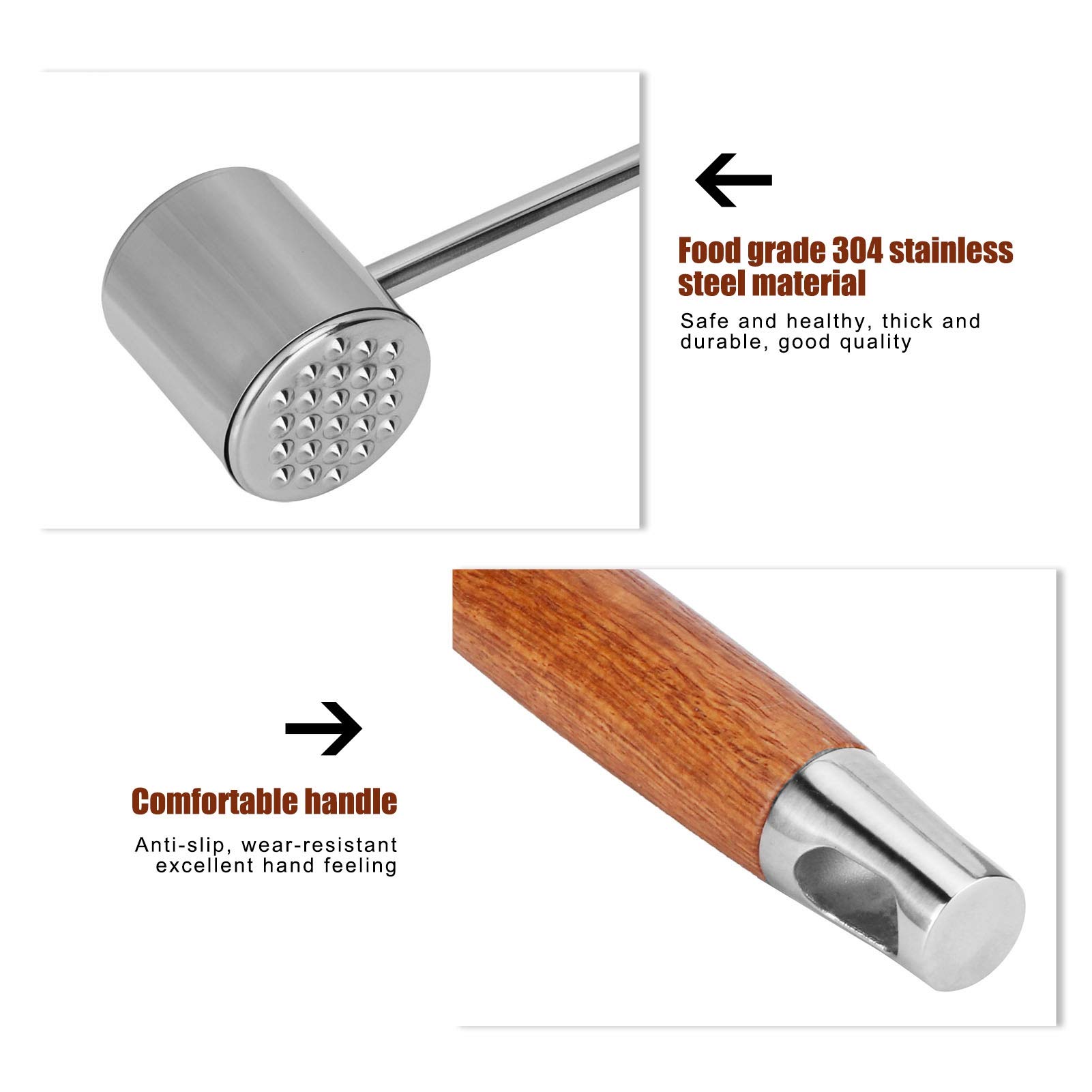 Fleischklopfer, 304 Edelstahl, Fleischklopfer, doppelseitiges Fleischklopfer mit Holzgriff, für Hobbyköche und professionelle Köche