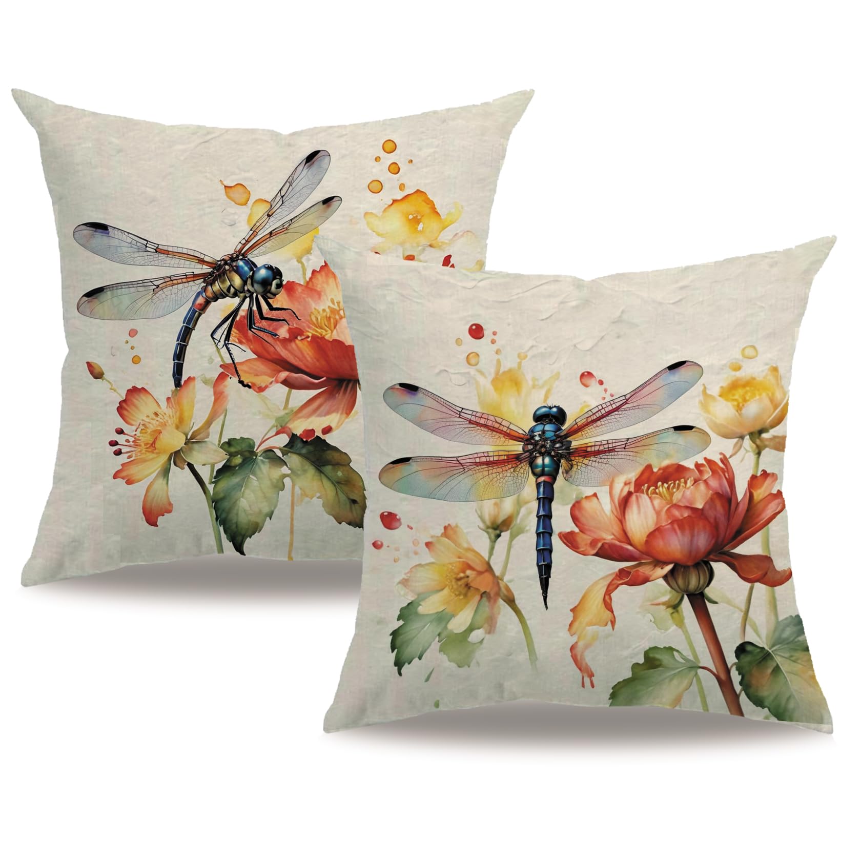 7COLORROOM Dragonfly Pillow Covers 18 X 18 Inch Wildflowers Color Dragonfly Cushion Covers Flower Holiday Rustic Farmhouse Decoration 2Pack for Sofa Bedroom Living Room Outdoor (Yellow)