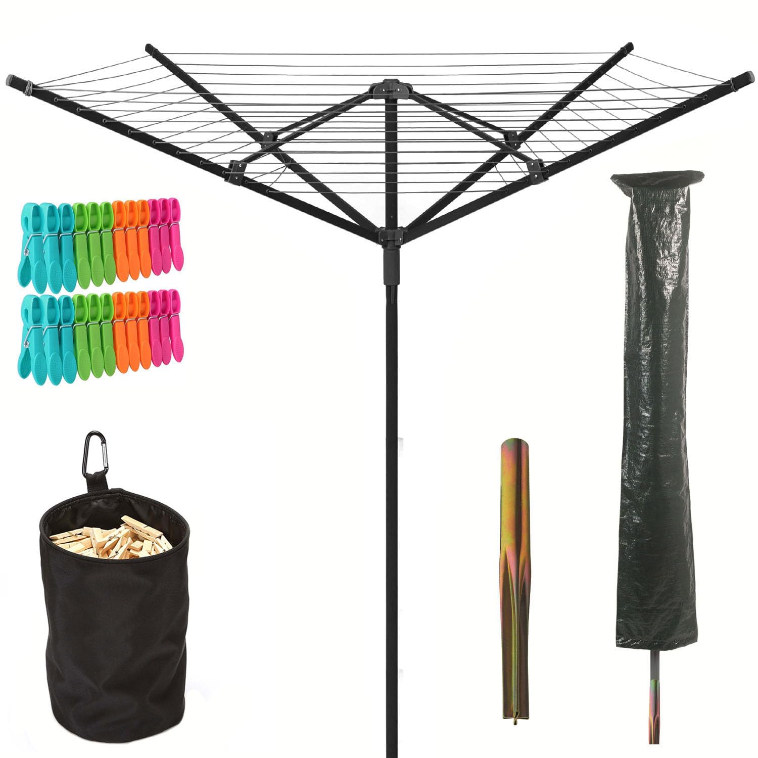 Taylor & Brown Black Outdoor Rotary Washing Line - 50M Easy Assembly 4 Arm Heavy Duty Weather-Proof, Powder Coated Finish Outdoor Clothes Dryer With Peg Bag, Cover & Ground Spike