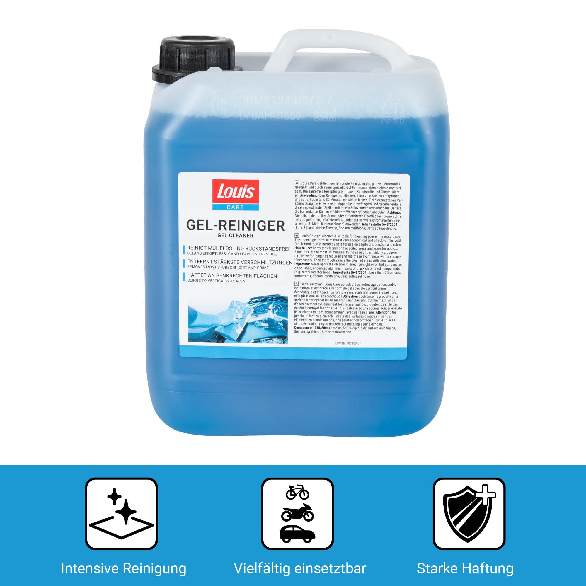 Louis Care Gel-Reiniger 5 L – Motorradreiniger in Gel-Form für die komplette Motorradpflege, entfernt starke Verschmutzungen rückstandsfrei und haftet auch an senkrechten Oberflächen
