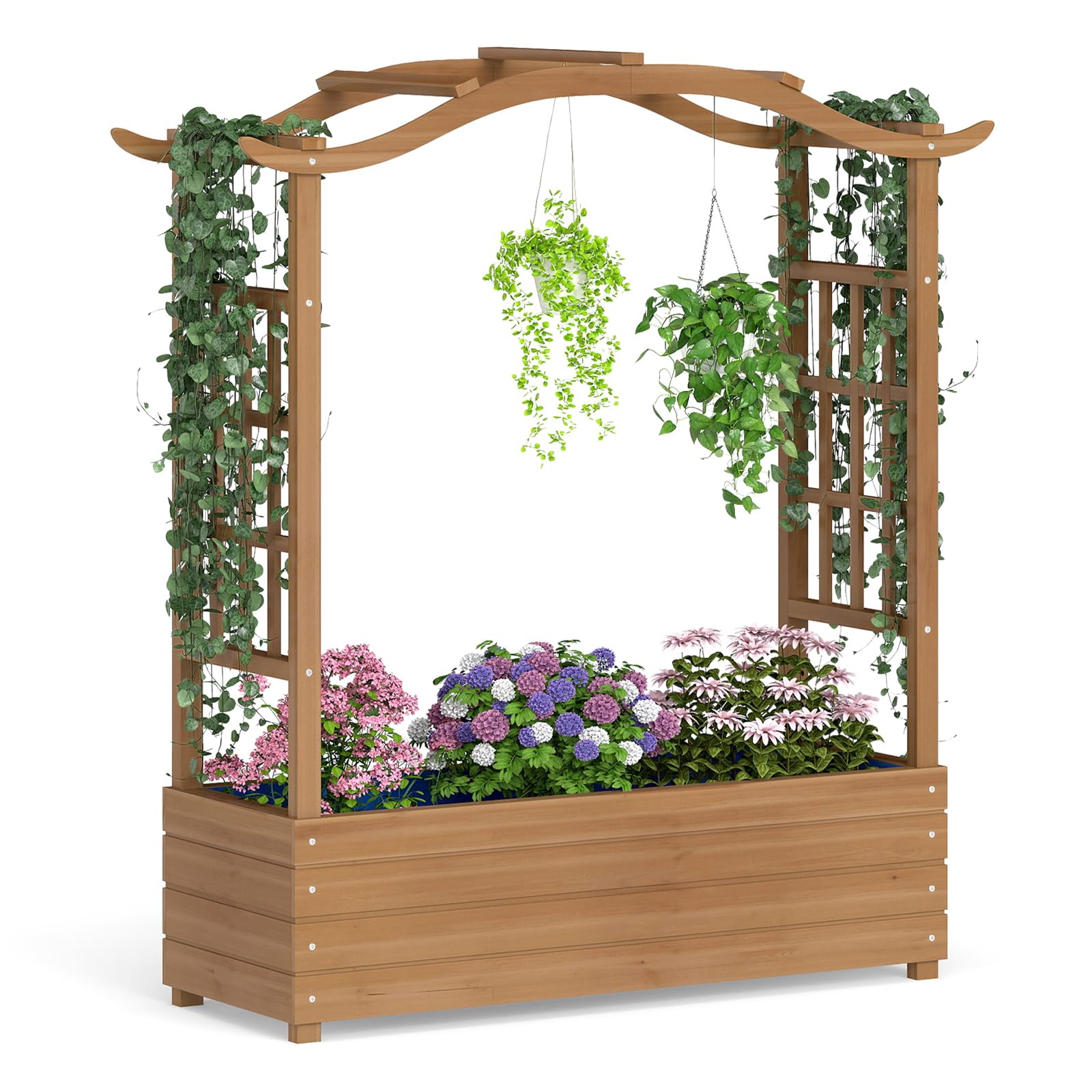 COSTWAY Jardinera Elevada con Enrejado, Jardinera de Madera Maciza con Techo Colgante, 2 Enrejados Laterales, Contenedor Elevado para Plantas de Jardín, para Plantas Trepadoras, 110 x 40 x 124 cm