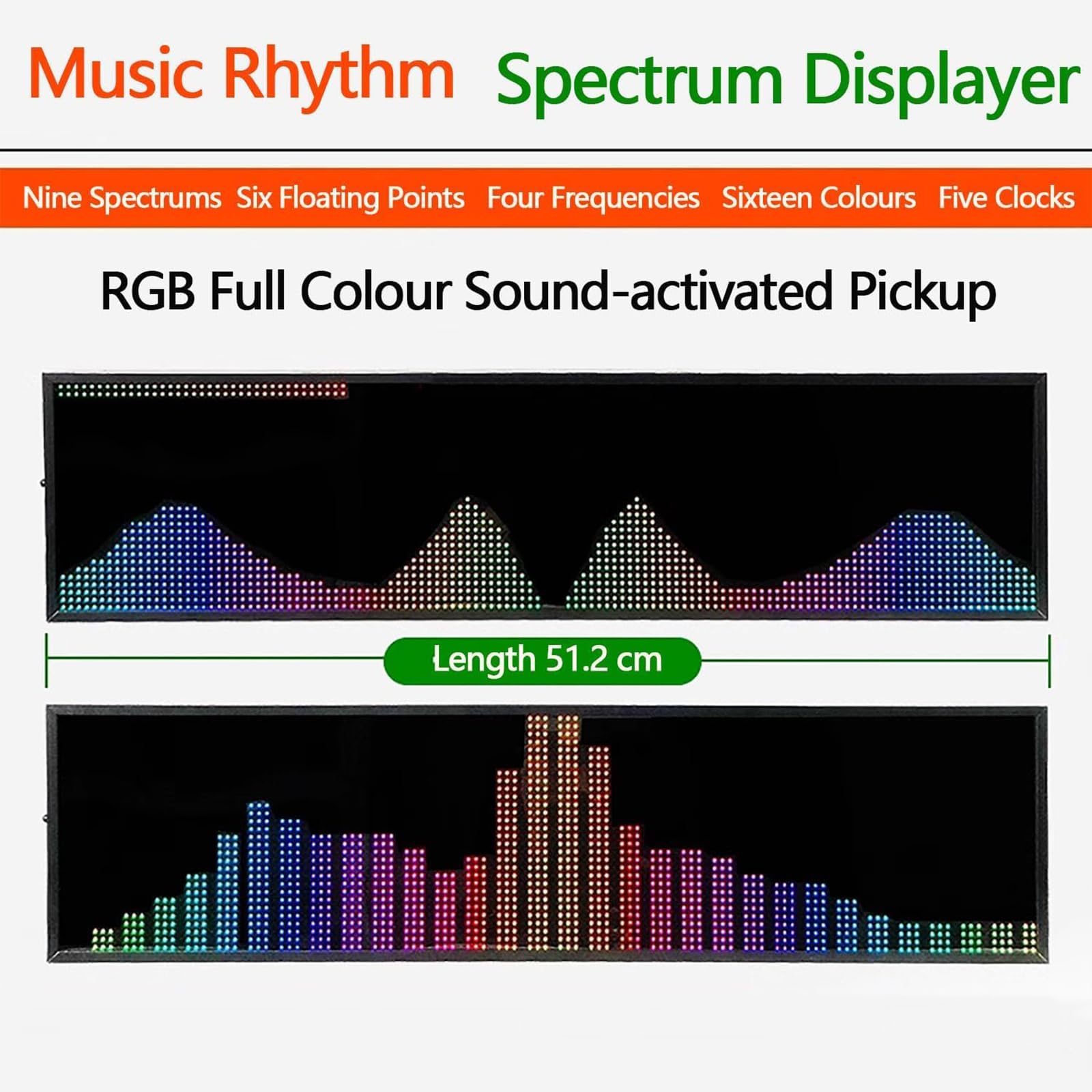 LED-Musik-Rhythmus-Anzeige, Digitaluhr und Audio-Visualizer, 36 Effekte, 16 Farben, klangaktiviert, Liniensteuerung für Unterhaltung und Heimdekoration