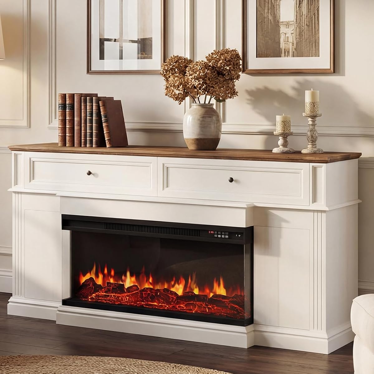 63“ Fireplace TV Stand with 3-Sided Electric Fireplace,Antique White | Modern Media Entertainment Center with Mantel, Farmhouse TV Console for Living Room