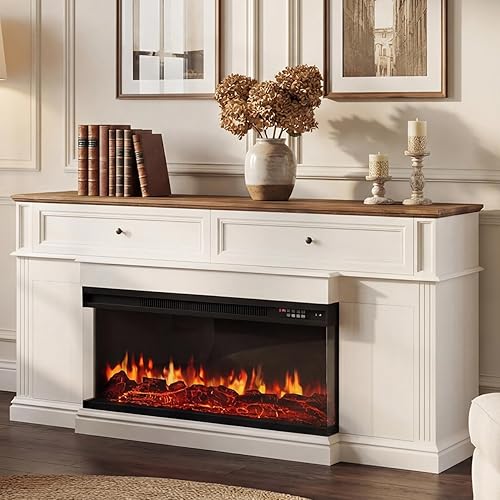 63 inch Fireplace TV Stand for TVs up to 70" with 3-Sided Electric Fireplace with Mantel, Modern Media Entertainment Center, Farmhouse TV Console for Living Room with Drawers, Antique White