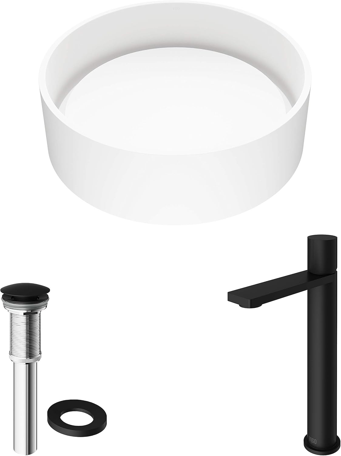 VIGO 16" L -16" W -12" H Anvil Matte Stone Round Vessel Sink Set in White with Faucet and Drain -VGT2010