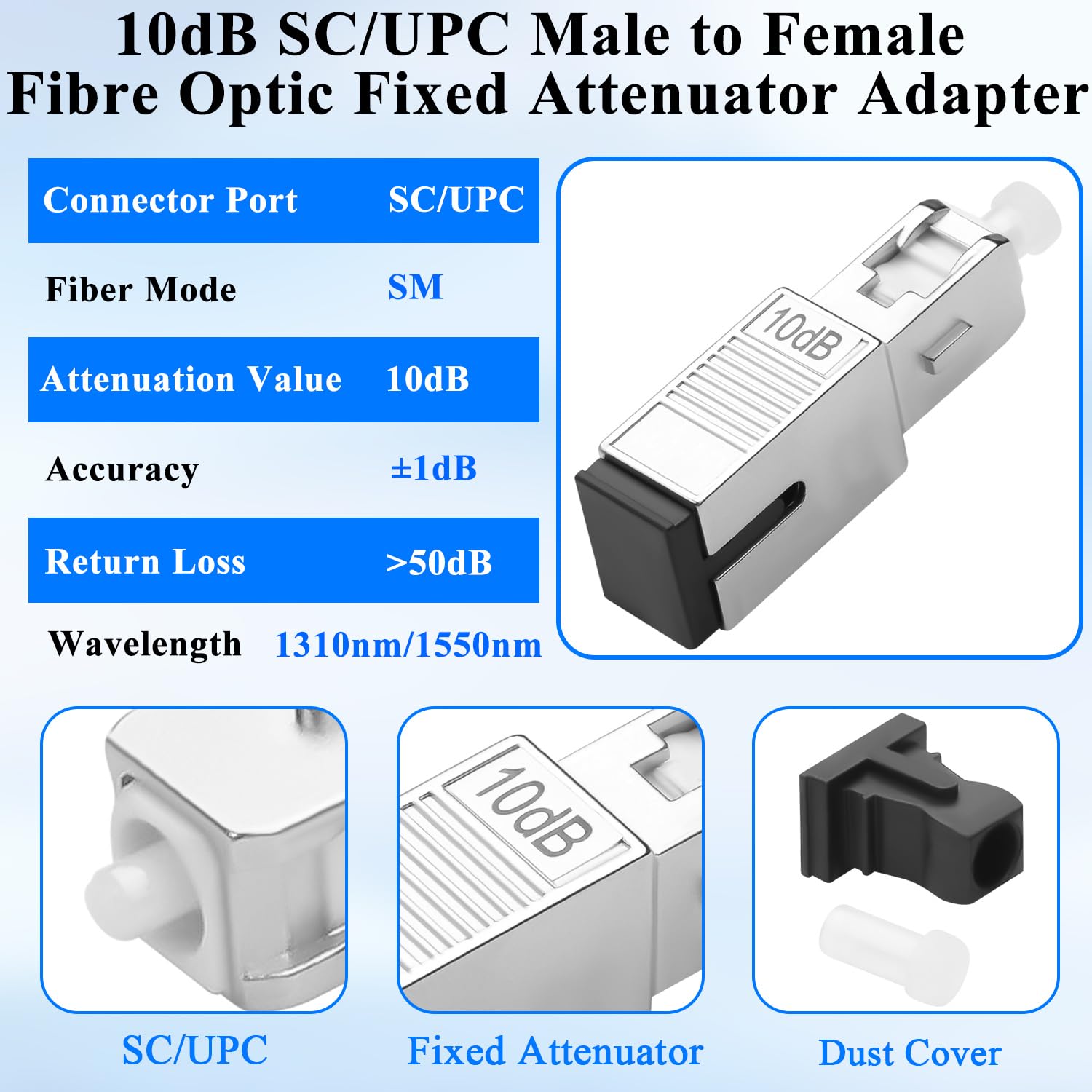 QIANRENON 10 dB SC/UPC Singlemode Fibra Ottica Attenuatore Fisso Adattatore SC Maschio a Femmina Fibra Ottica Fissa Attenuatore Valore Attenuatore 10dB ± 1, per FTTH CATV PON Fibre Network
