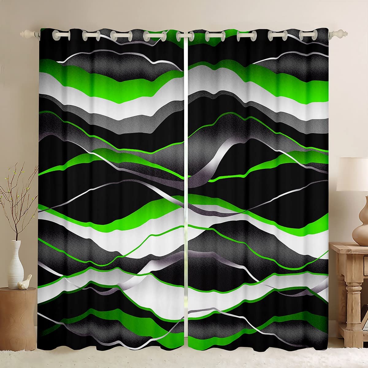 Feelyou Green Grey Black 30%-50% Blackout Curtain Boys Geometric Spiral Window Curtains Grey White Stripe Lines Darkening Drapes Kids Modern Abstract Window Treatments, 2 Panels 38 x 54 Inch