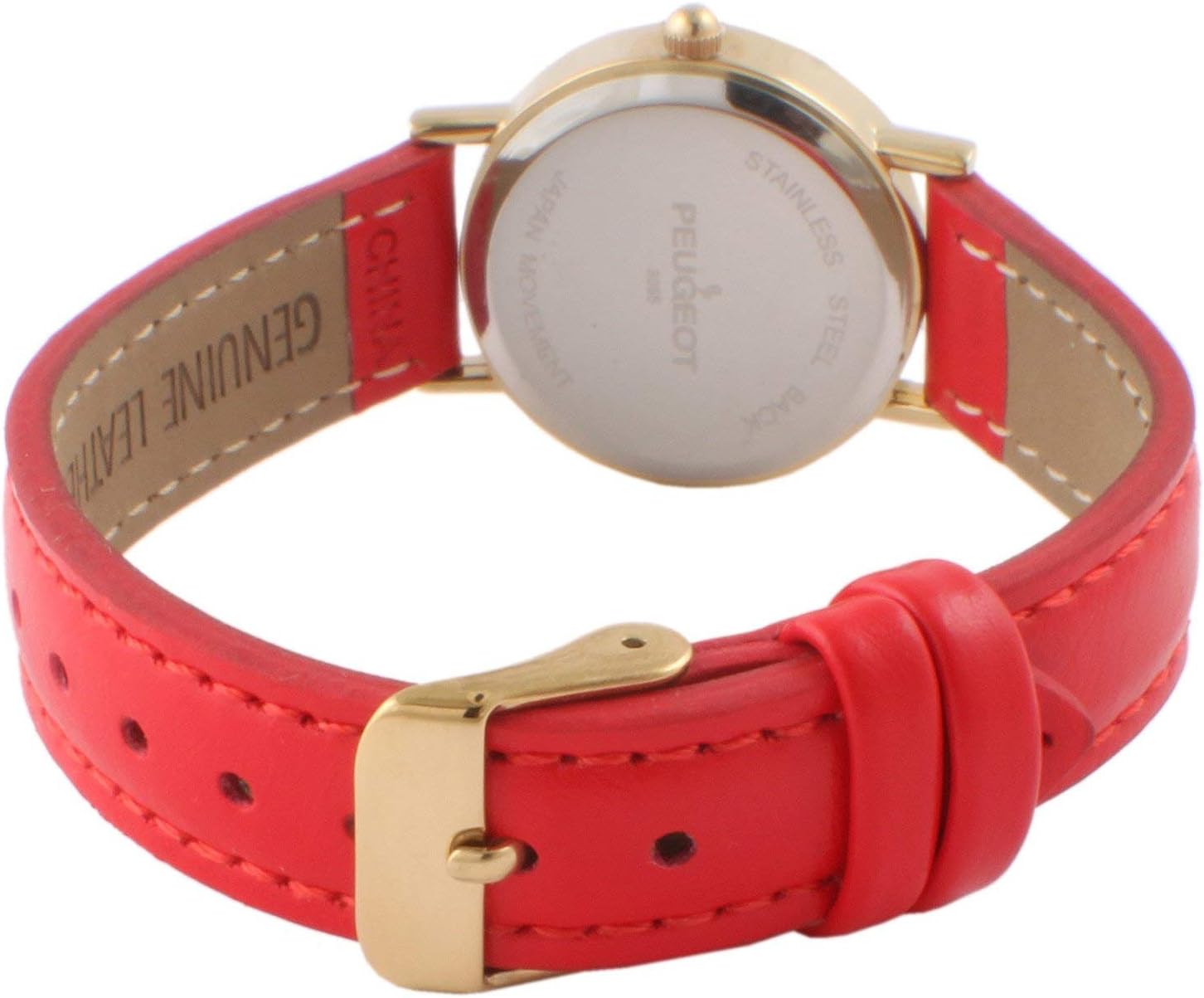 Peugeot Women Classic Everyday Watch - 14K Plated Round Case with Leather Band