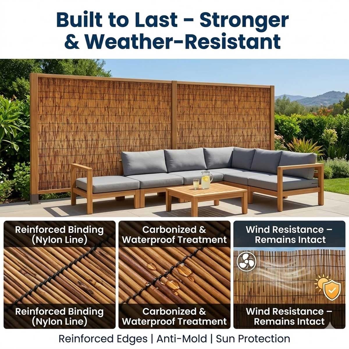 Valla De Jardín Exterior, Pantalla De Privacidad Balcón Cañizo Natural, Pantalla De Ocultación Estilo Bambú para Patio, Cortavientos Y Decoración De Terraza(H100xL950cm)