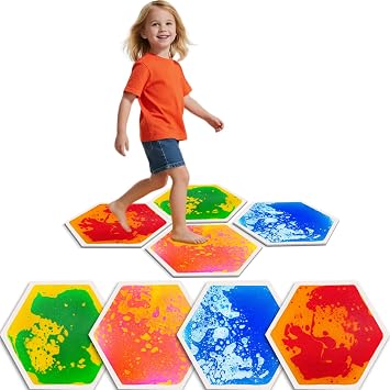 Sensory Floor Tiles for Kids Hexagon Liquid Step-On Tiles, 4 Pack | Colorful Lava Tiles with Liquid Motion for Sensory Paths, Stepping Games, Visual Tracking, Gross Motor Play, and Classrooms