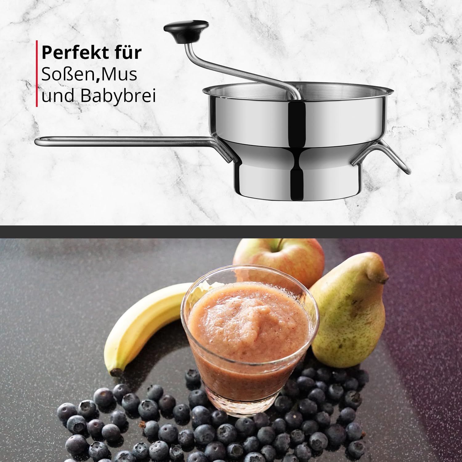 MEISTERKOCH Passiermühle aus Edelstahl 22 cm Durchmesser, 2 Liter Volumen, mit 3 Lochscheiben spülmaschinengeeignet | Passiergerät zerlegbar für Obst und Gemüse