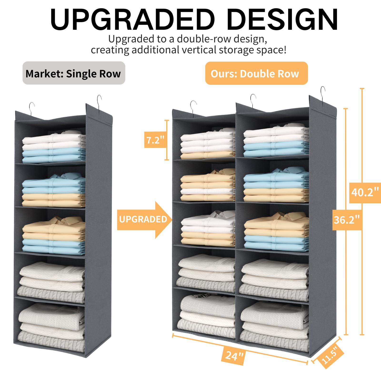 ALLTIDYUP Hanging Wardrobe Organiser, Dual-Row Closet Storage with 3 Hooks - Image 2