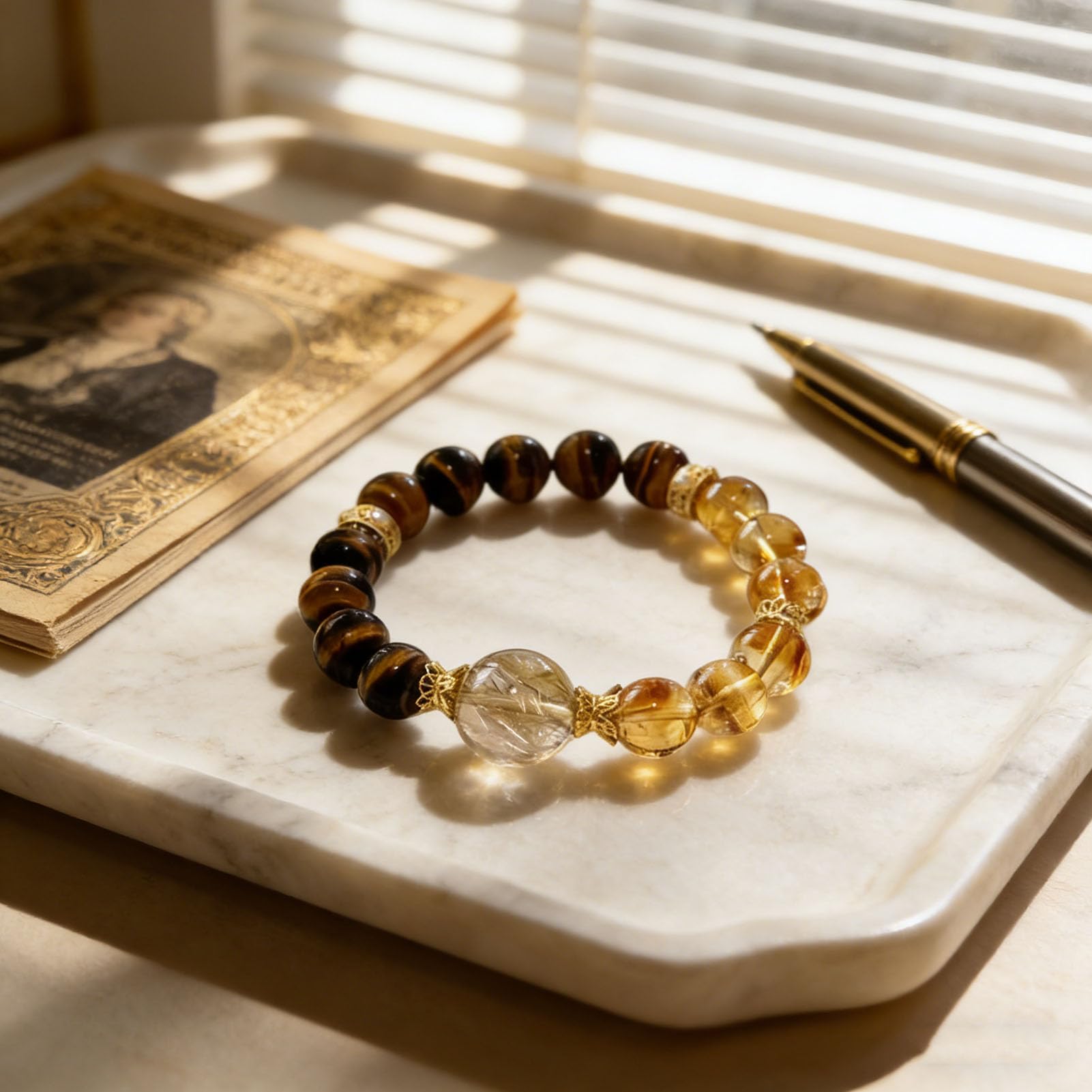 Bracciale con Perline Chakra con Cristalli di Pietra preziosa Occhio di Tigre, Perline di Cristallo Naturale Quarzo rutilato Dorato Perline di Pietra Lisce Rotonde Lucide, Perline,10MM