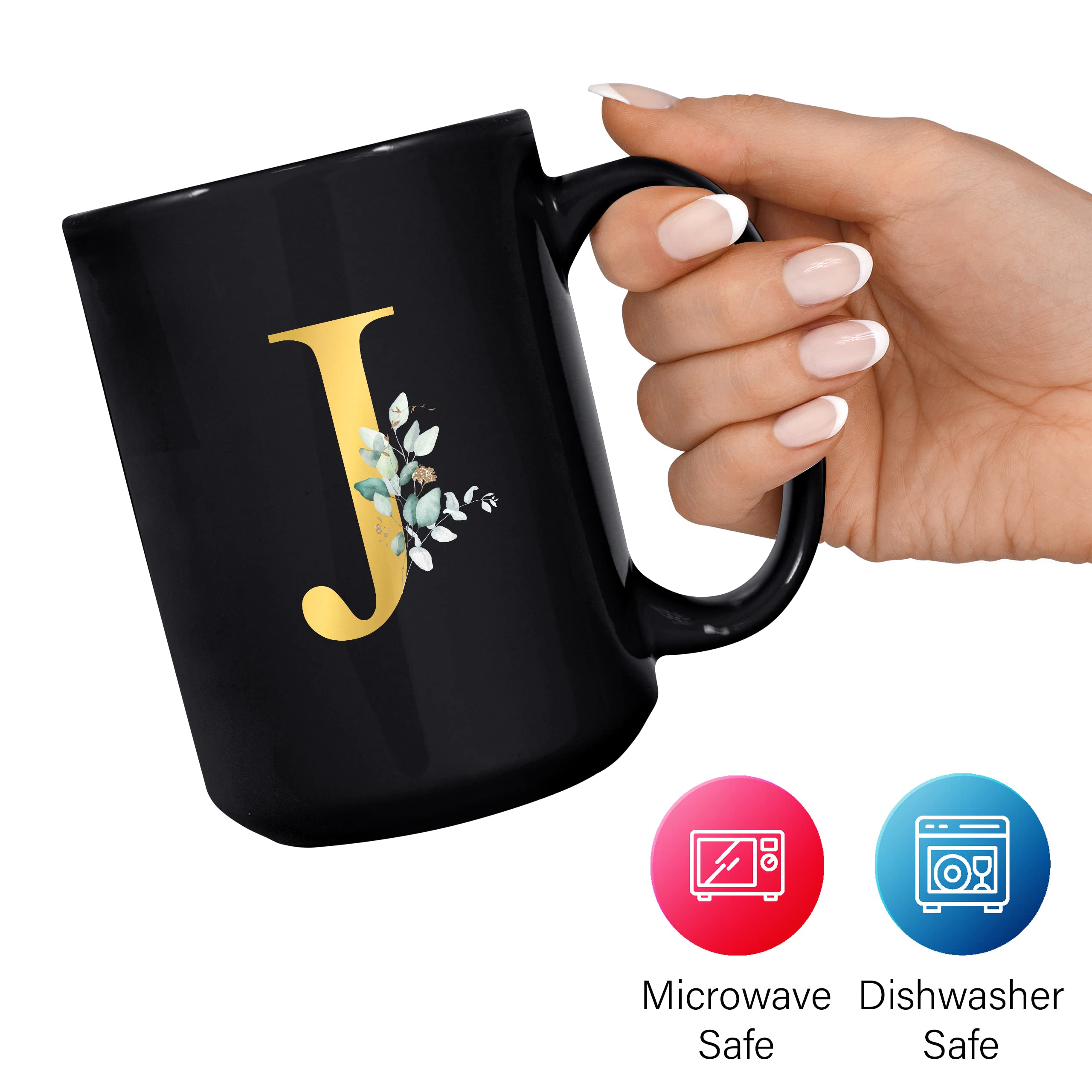 Personalized Letter J Floral Mug - Custom Name Coffee Cup, Gold Print, 11oz Ceramic Mug (Black) - Gift For Men Or Women
