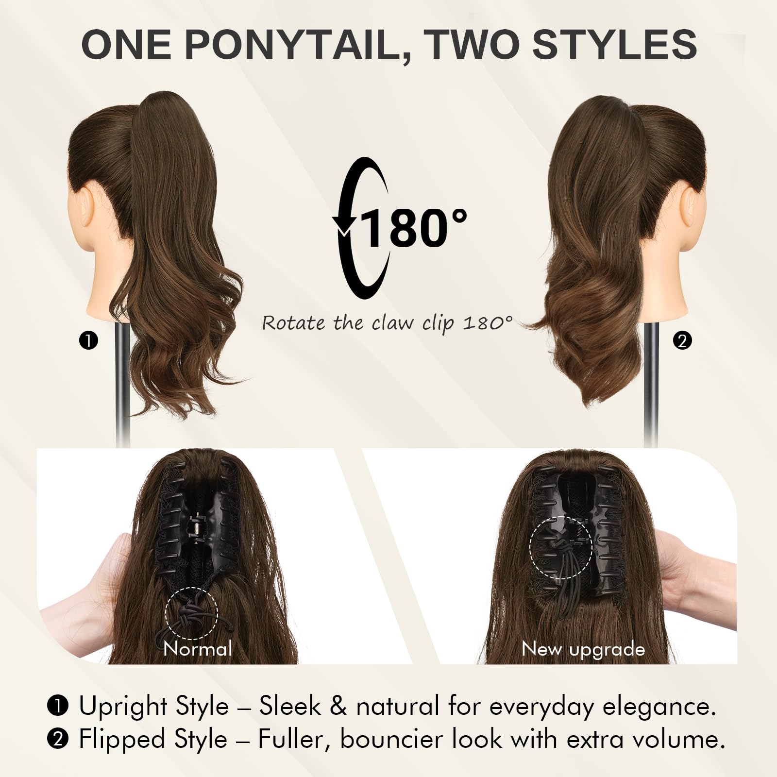 Sofeiyan Coleta Postiza Larga Ondulada con Pinza, Extensión de Coleta Natural de Doble Uso, 41 cm de Sintética Pinza de Pelo en Extensión de Trenza para Mujeres, Negro natural
