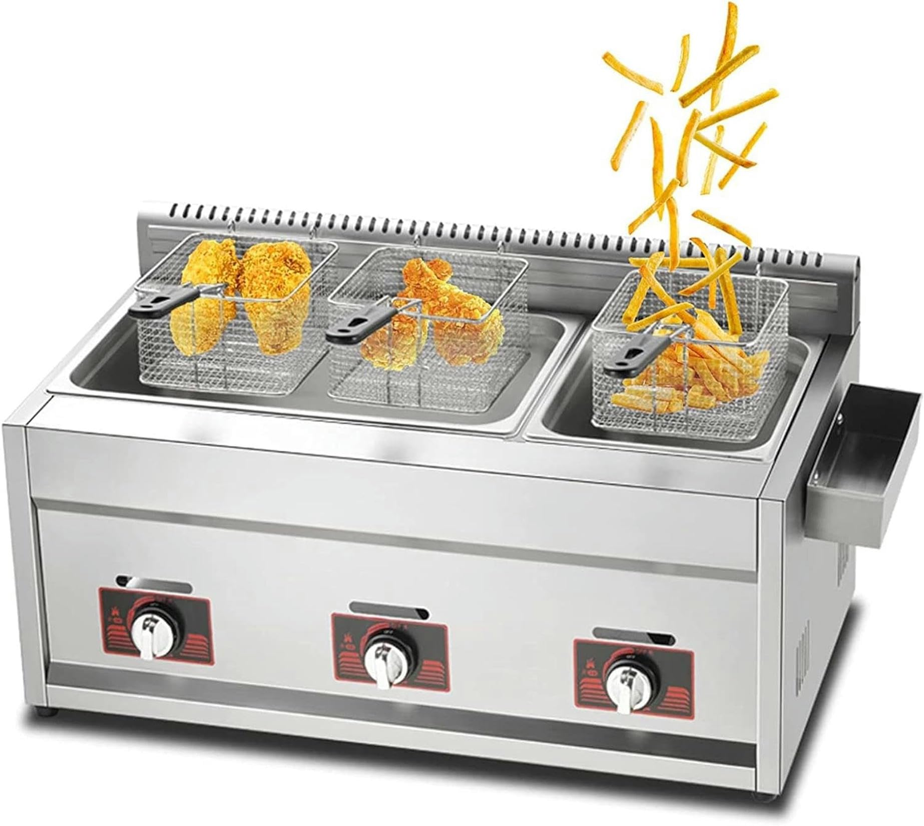 UMJIGF Commercial Gas Fryer, Professional LPG Fryer, with Removable Baskets and Seasoning Trough, Adjustable Firepower,Lgp-33L