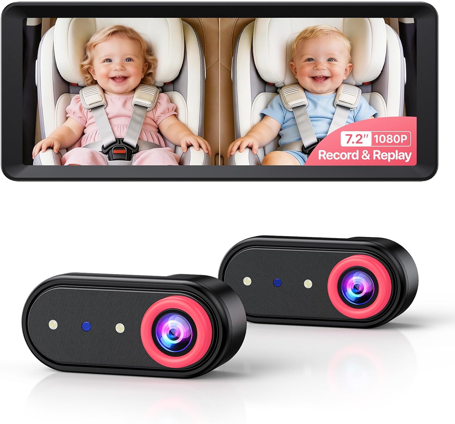 Luckview BM5 MAX 1080P HD Dual Baby Car Camera with Recording, 7.2” Split Screen Monitor for 2 Kids, Dual Car Baby Monitor Car with Auto Night Vision, Easy Installation Backseat Camera for Baby