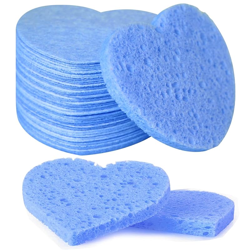 Spunspon Esponjas Faciais Comprimidas de Celulose em Formato de Coração, Azuis, Pacote com 50