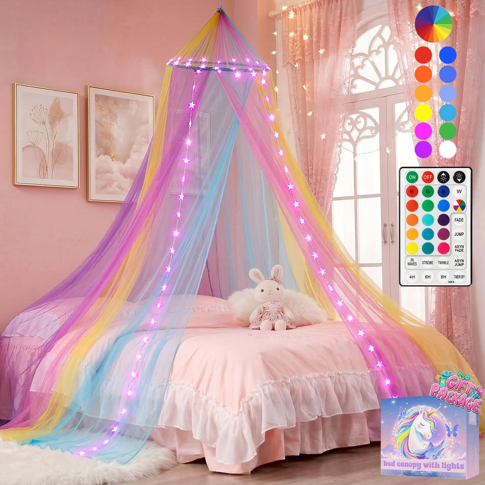 Regenbogen Betthimmel Mädchen mit Lichtern, 24 Farben Himmelbett Vorhänge LED-Stern Fee Lichter Prinzessin Baldachin Remote Timer für Kinderzimmer Zelt Twin Full Queen King Size Bett