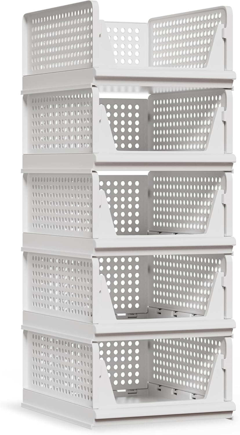Proarea 5 Pack Stackable Plastic Storage Basket Closet Organizer Bin Foldable Clothes Organizer Storage Drawer Shelf Container for Living Room Bathroom Kitchen Office (5L)