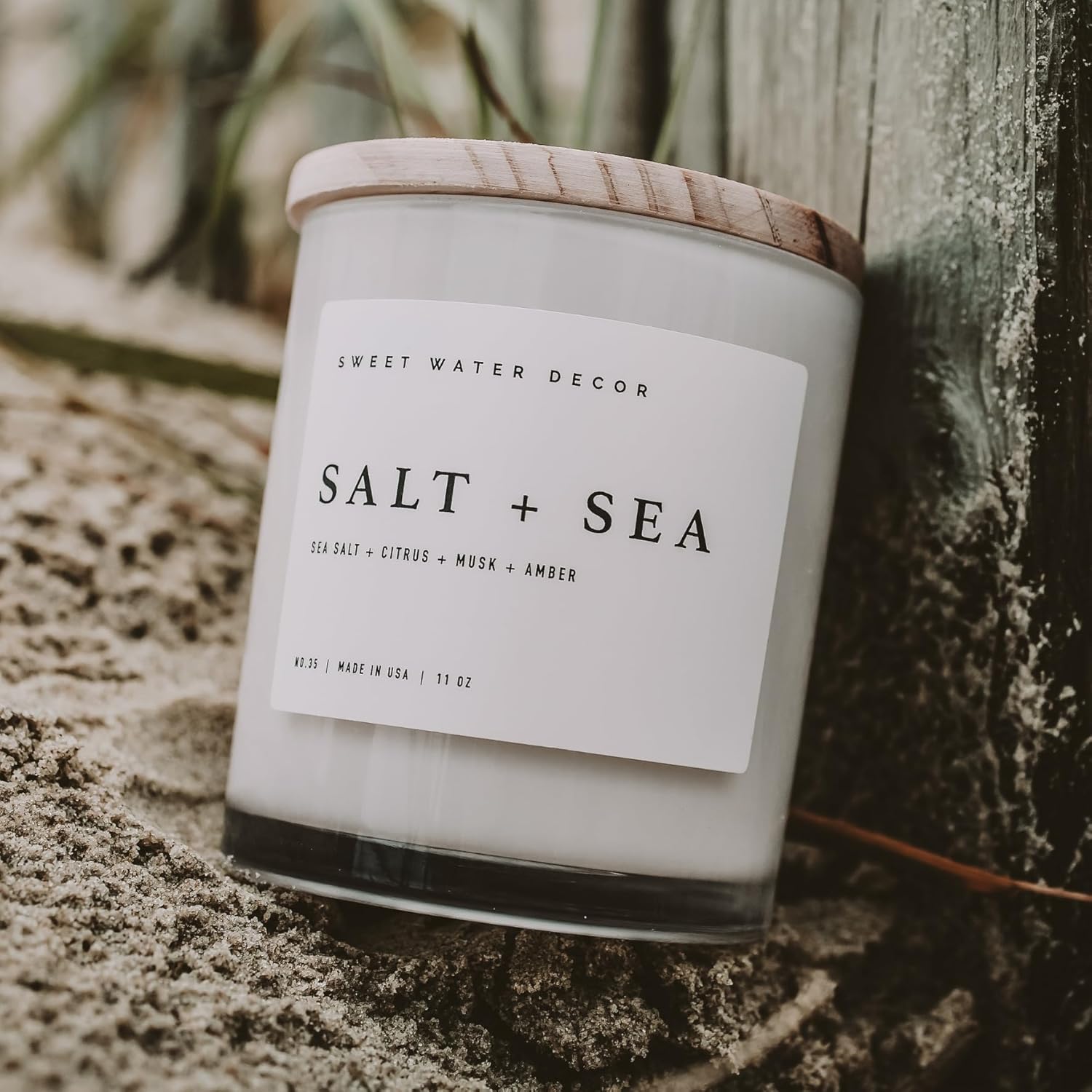 Sweet Water Decor Salt and Sea Candle - Sea Salt, Citrus, Amber, Musk, Beach Scented Soy Candles for Home - 11oz White Glass Jar + Wood Lid, 50+ Hour Burn Time, Made in the USA
