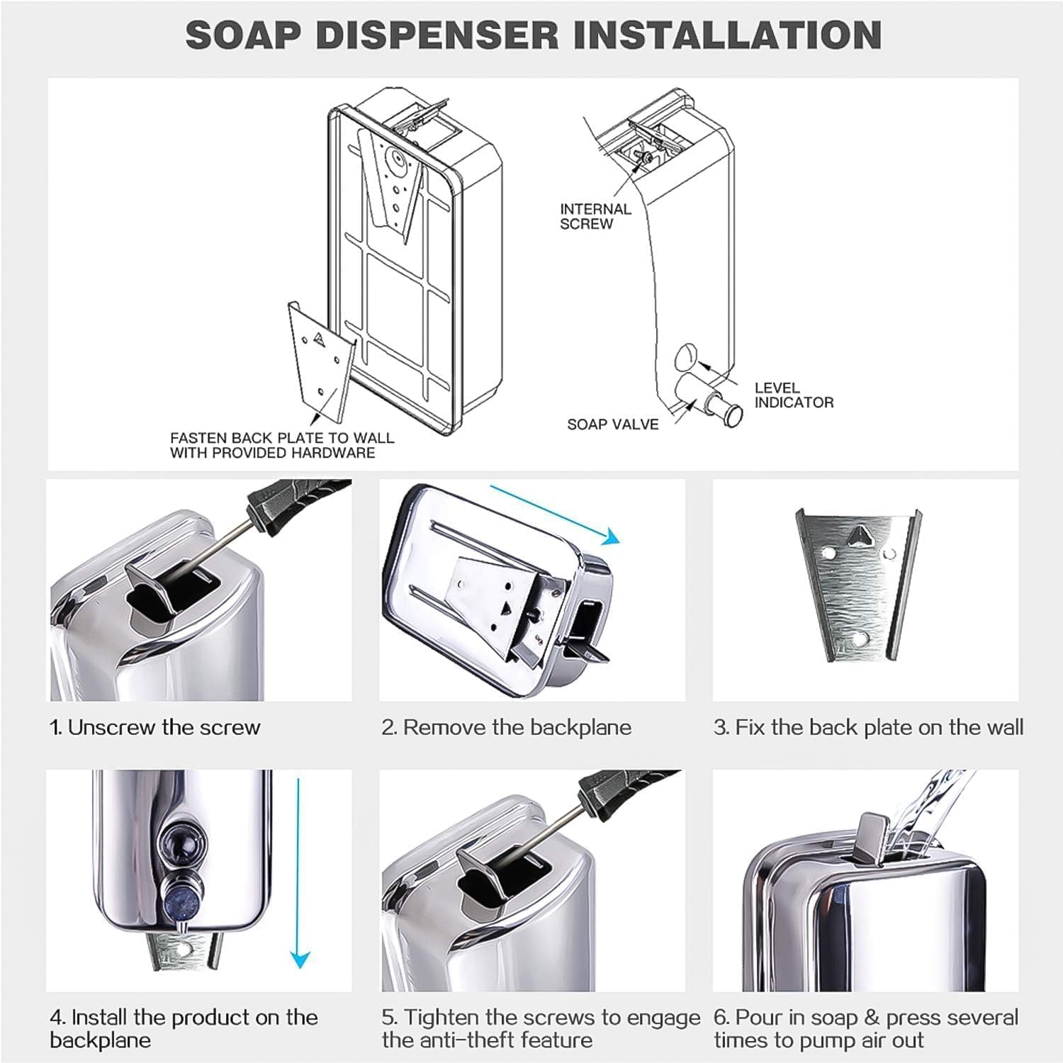 Dispensador de jabón de manos para baño, cocina, 304 onzas líquidas, acero inoxidable 304, dispensador de jabón líquido 8183