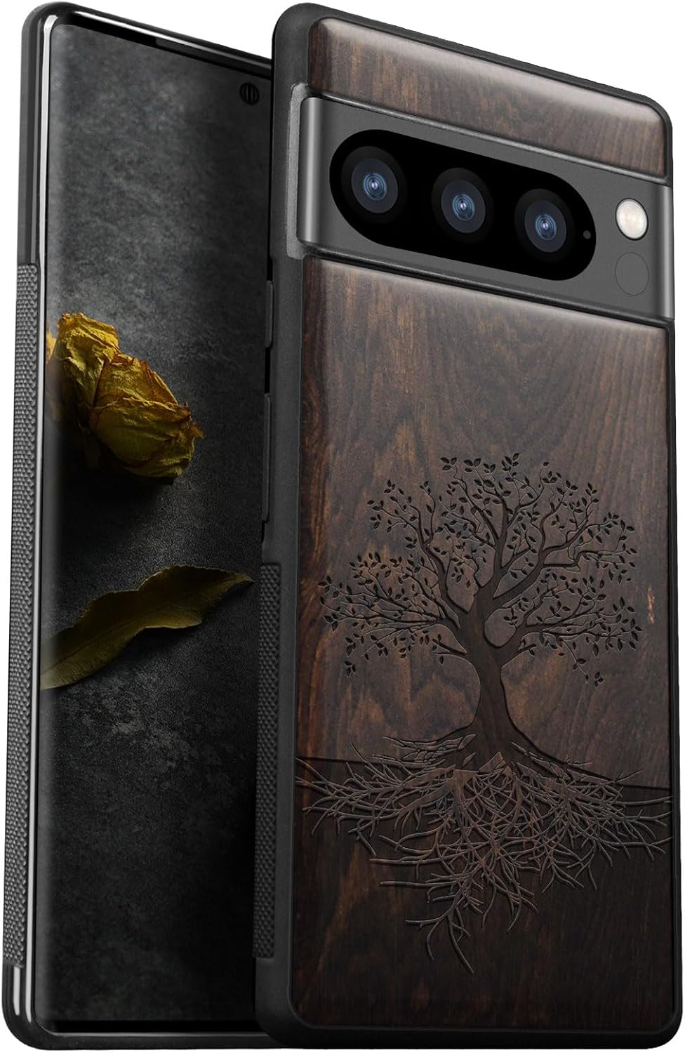Carveit Wood Case for Pixel 8 Pro Case [Natural Wood & Black Soft TPU] Shockproof Protective Unique Wooden Cover Compatible with Google Pixel 8 Pro (Tree with Roots-Blackwood)