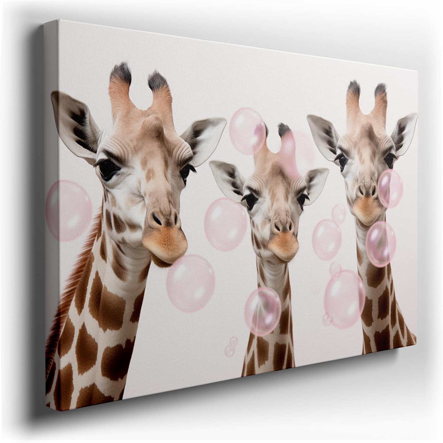 Canvas for Living room. Giraffes and Pink Bubbles � A Playful Portrait of Joy, 27 x 18 inch Canvas Wall Art - Contemporary Masterpieces - Zen Wall Decor