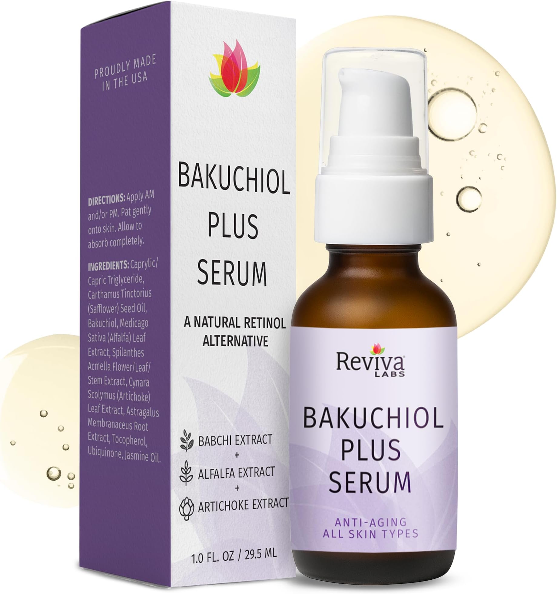 Reviva Labs Bakuchiol Plus Serum | natural retinol alternative | Anti-Aging facial serum reduces fine lines and wrinkles, boosts collagen, and improves skin radiance