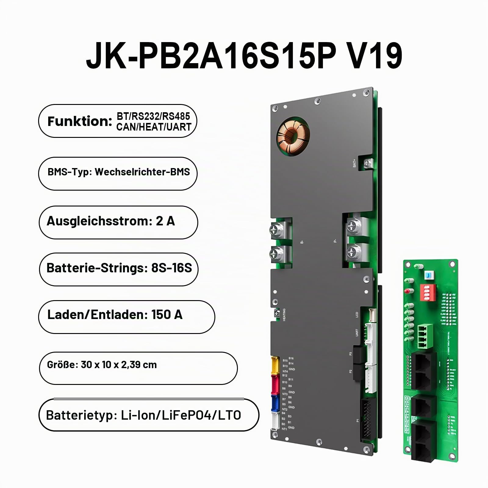 JKBMS Wechselrichter BMS 8S-16S 24V-48V 150A - V19 Home Energiespeicher BMS mit UART für neues Display, 2A Active Balance, Integriertes Bluetooth, RS485 & CAN, für Solaranlage (JK-PB2A16S15P V19)