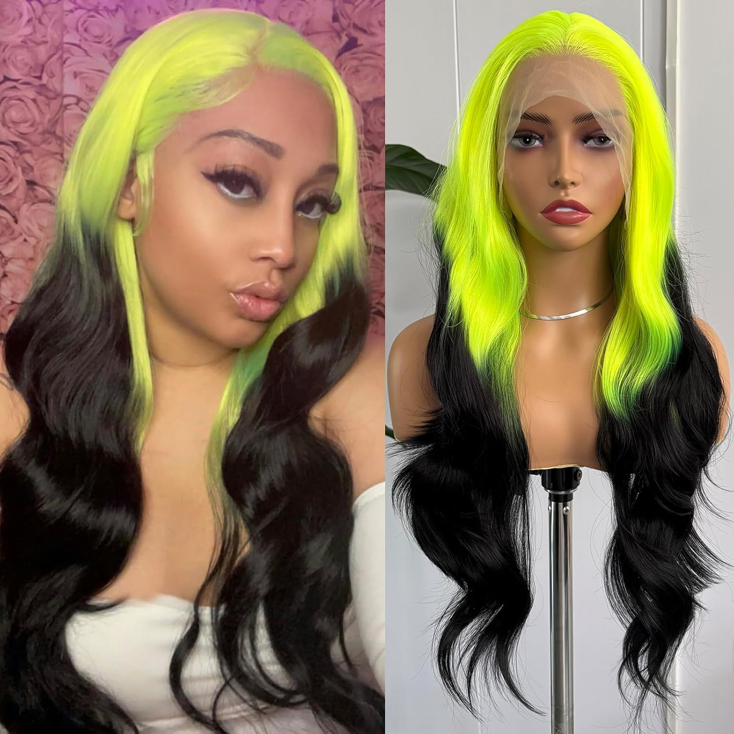 RONGDUOYI Neon Green Wigs for Women Free Part Synthetic Lace Front Wig Ombre Color Black and Green Wigs Glueless Natural Hairline Daily Use Cosplay Wig