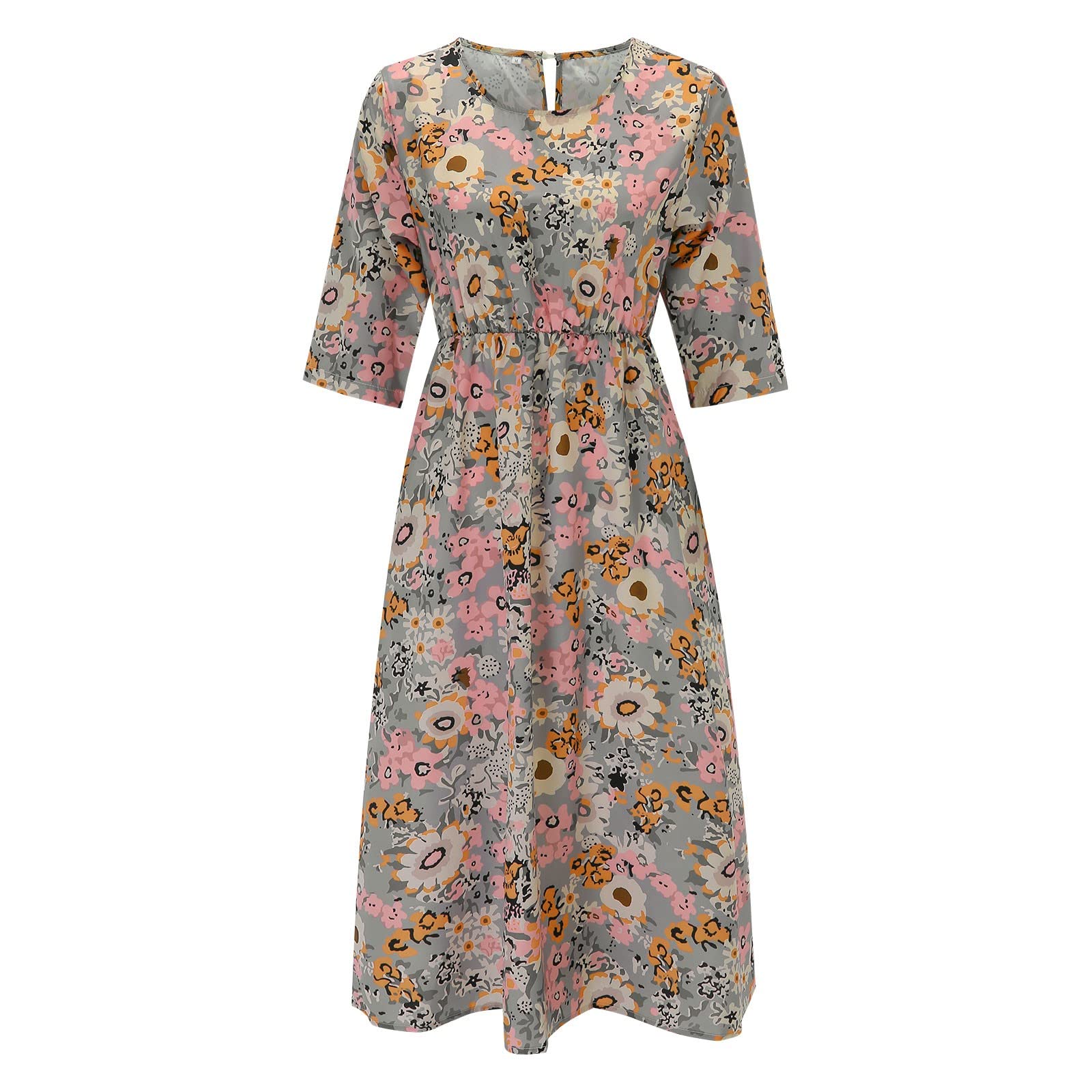 Abito da donna, casual, con motivo floreale bohémien, con tasche, maniche corte, lungo, estivo, da spiaggia