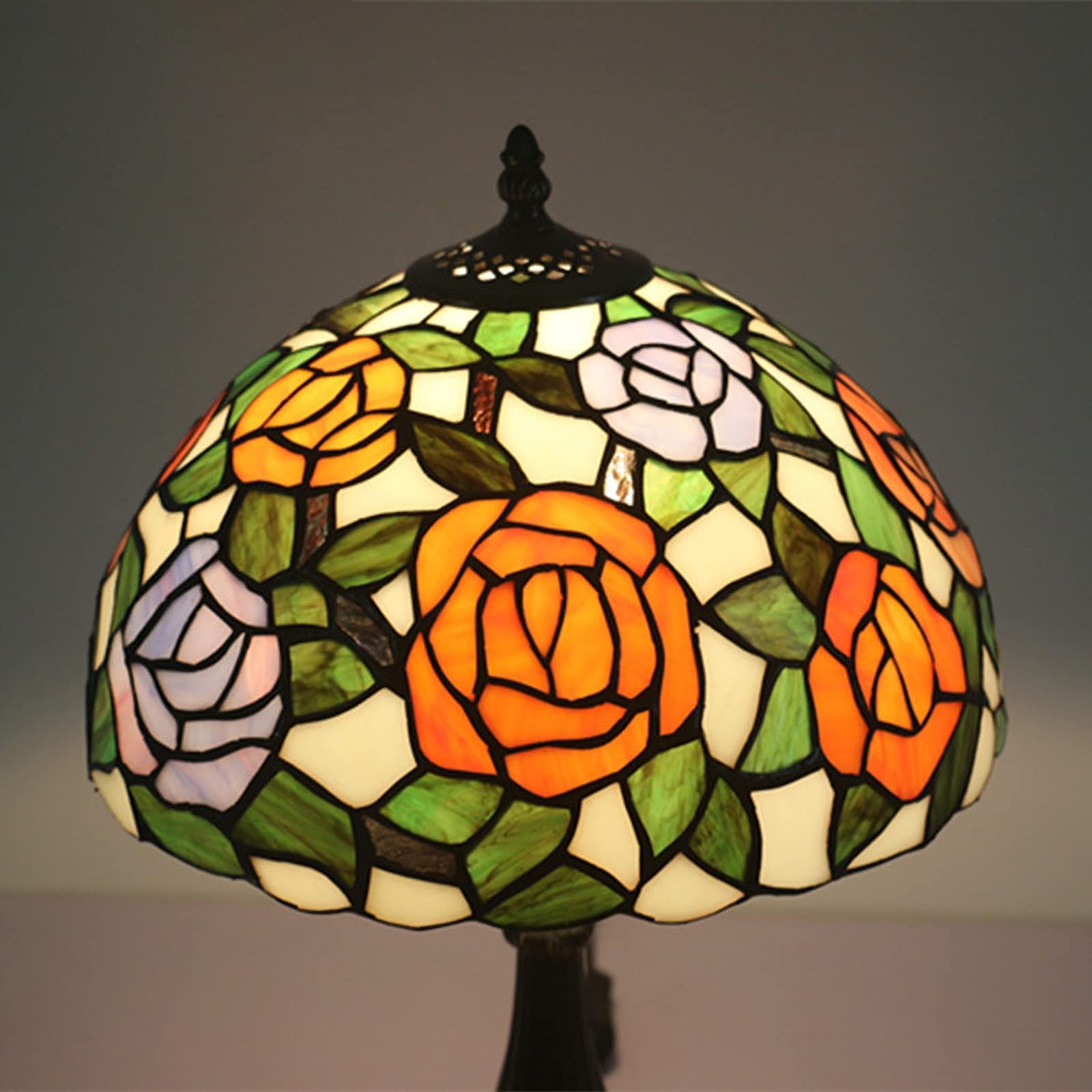 12-calowa lampa stołowa, ręcznie robiony klosz z różowego witrażu, lampka nocna w stylu pasterskim