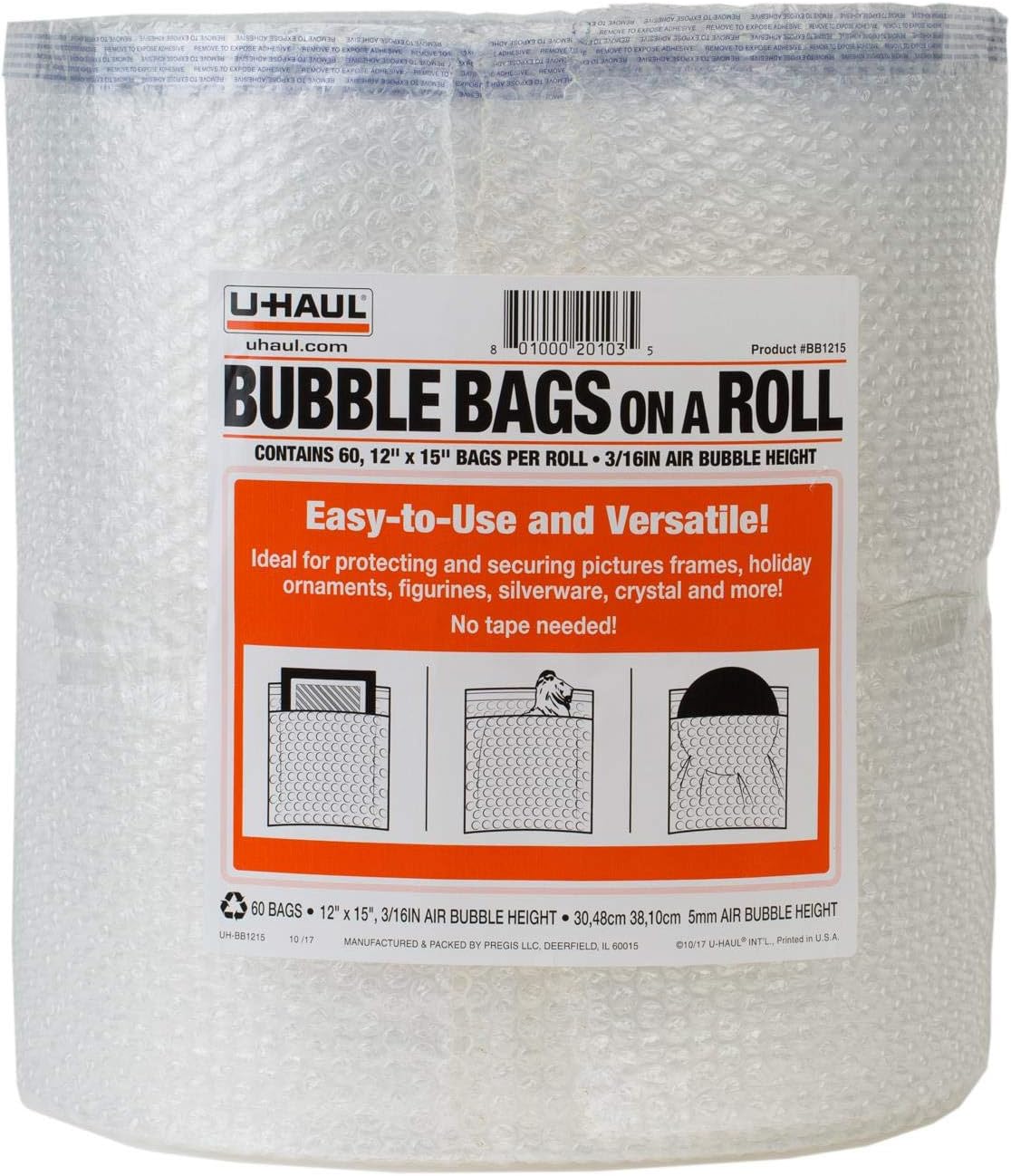 U-Haul Roll of Bubble Bags (for Packing Fragile Items), 60 Sealing Adhesive Strip Bubble Bags, 12" x 15"