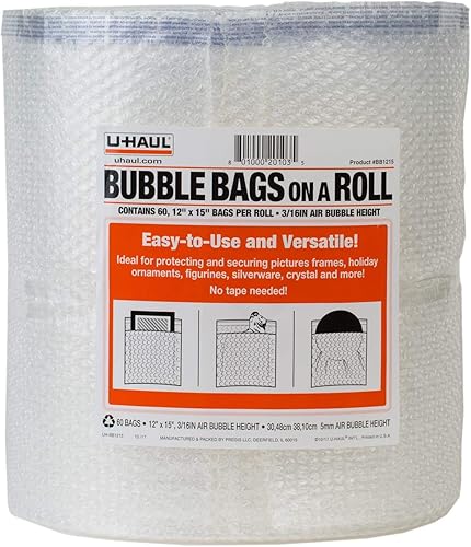 U-Haul Rollo de bolsas de burbujas (para embalar artículos frágiles), 60 bolsas de burbujas adhesivas de sellado, 12 x 15 pulgadas