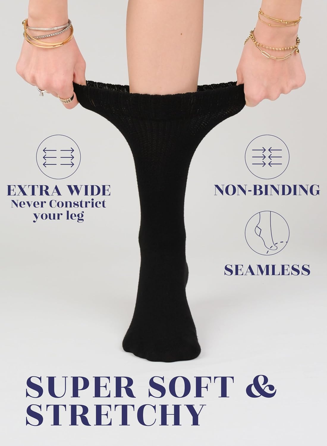 Hugh Ugoli Women's Rayon Loose Fit Diabetic Crew Socks, Non-Binding Top for Swollen Feet, Extra Wide and Stretchy, 3-6-9 Pair