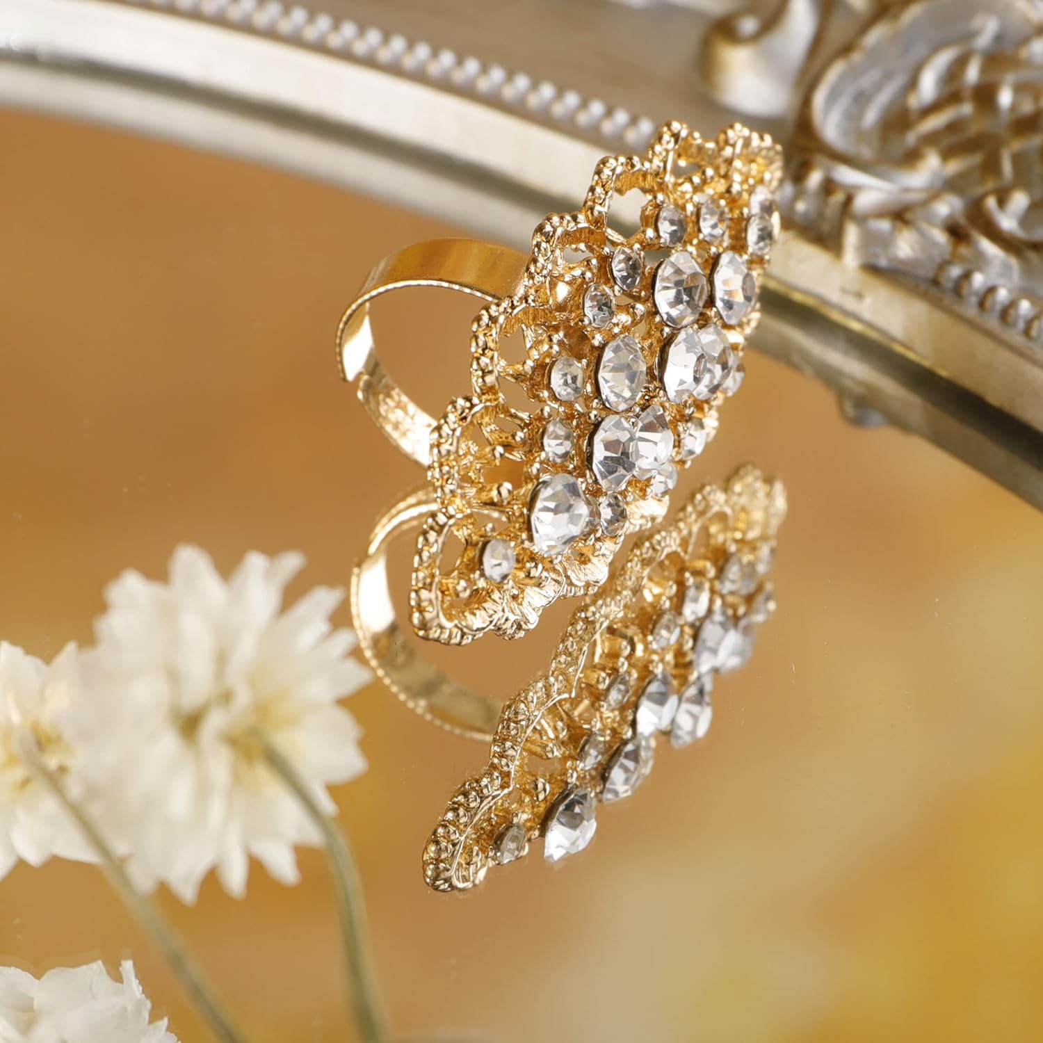 YERTTER Vintage Clear Crystal Ring Women Statement Ring Rhinestone Exaggerated Cocktail Ring Hollow Rhinestone Ring for Wedding Women (Clear - Image 6