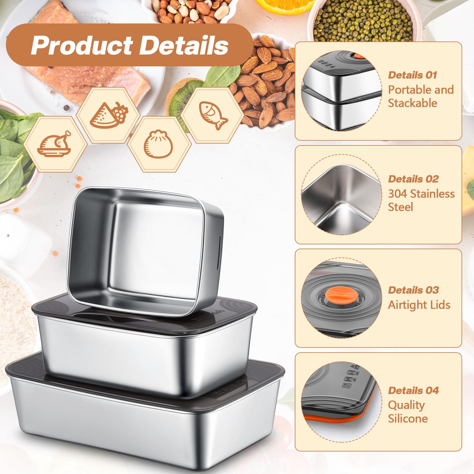 Layhit 12 Stück 6 Stück 18/34/1,701.0 g Edelstahl Frischhaltedosen mit Deckel Wiederverwendbare Metall Prep Fleisch Marinieren Container Obst Mittagessen Bento-Box Spülmaschinenfest