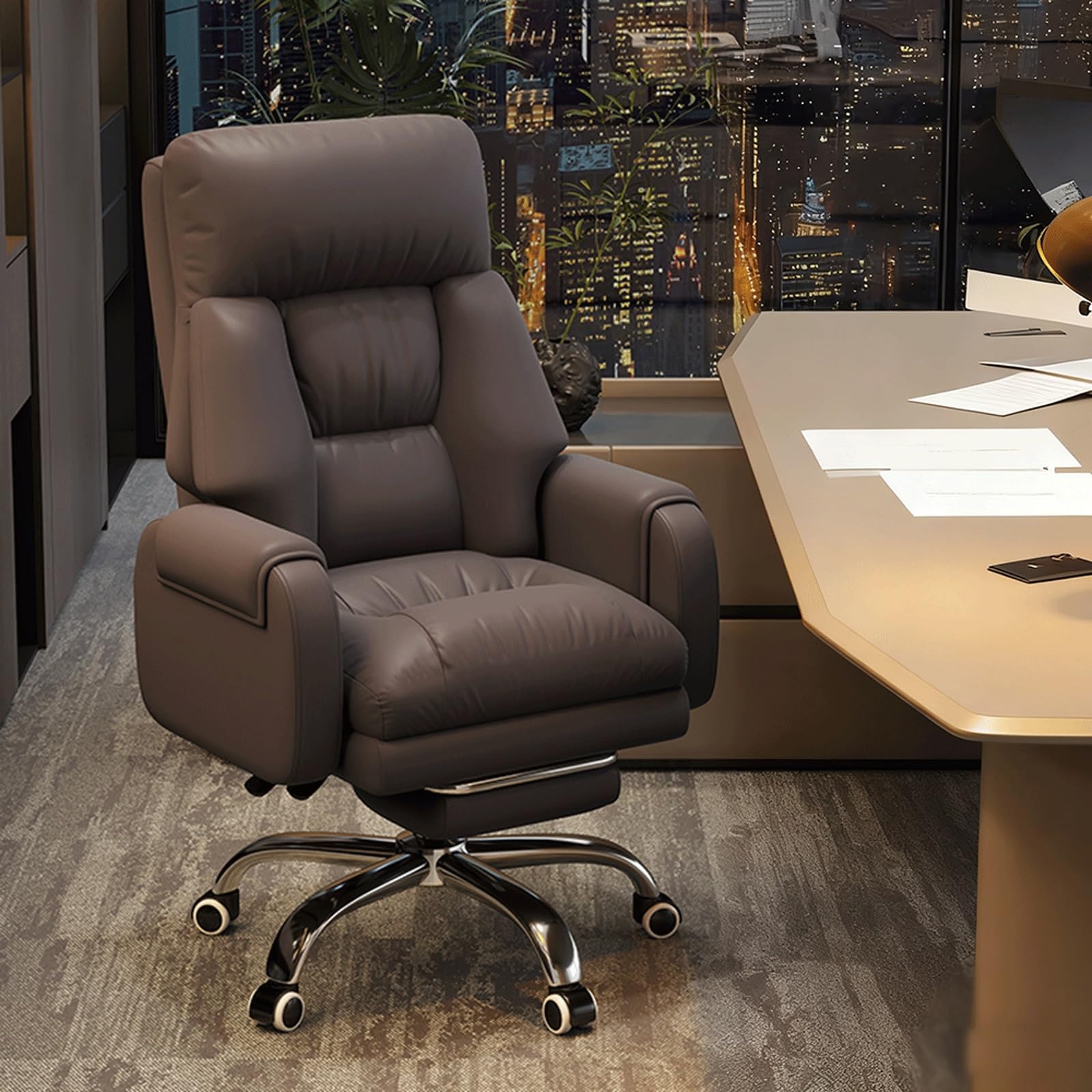 HTTGDGDH Ergonomic Office Executive Chair With Footrest Lumbar Support 360° Swivel Rocking Function Adjustable Armrests - Ideal For Home Office & Study Room,Brown