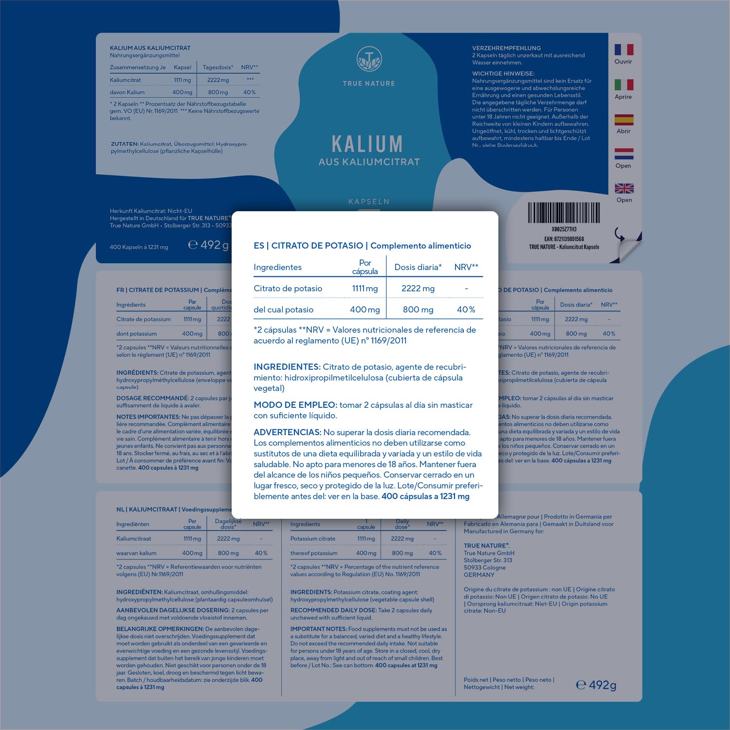 Citrato de Potasio - 2222 mg Alta Dosis - 400 cápsulas (6 meses) - Potasio elemental procedente del citrato de potasio - Potassium - Vegano y sin aditivos - TRUE NATURE