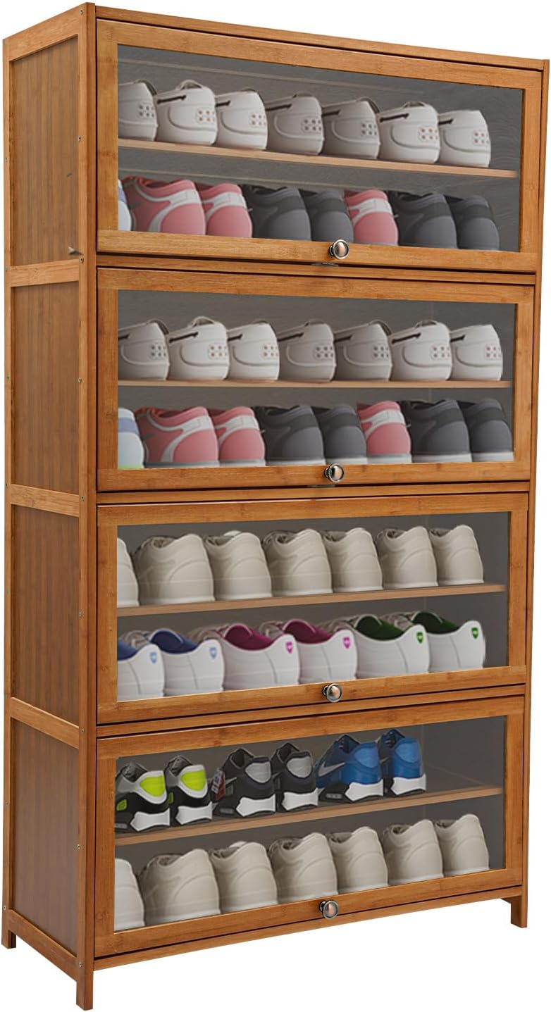 Shoe Storage Cabinet for Entryway, Freestanding Shoe Rack Cabinet with Flip-up Door for Living Room, Hallway, Farmhouse (Wood Lid, 6 Tier)