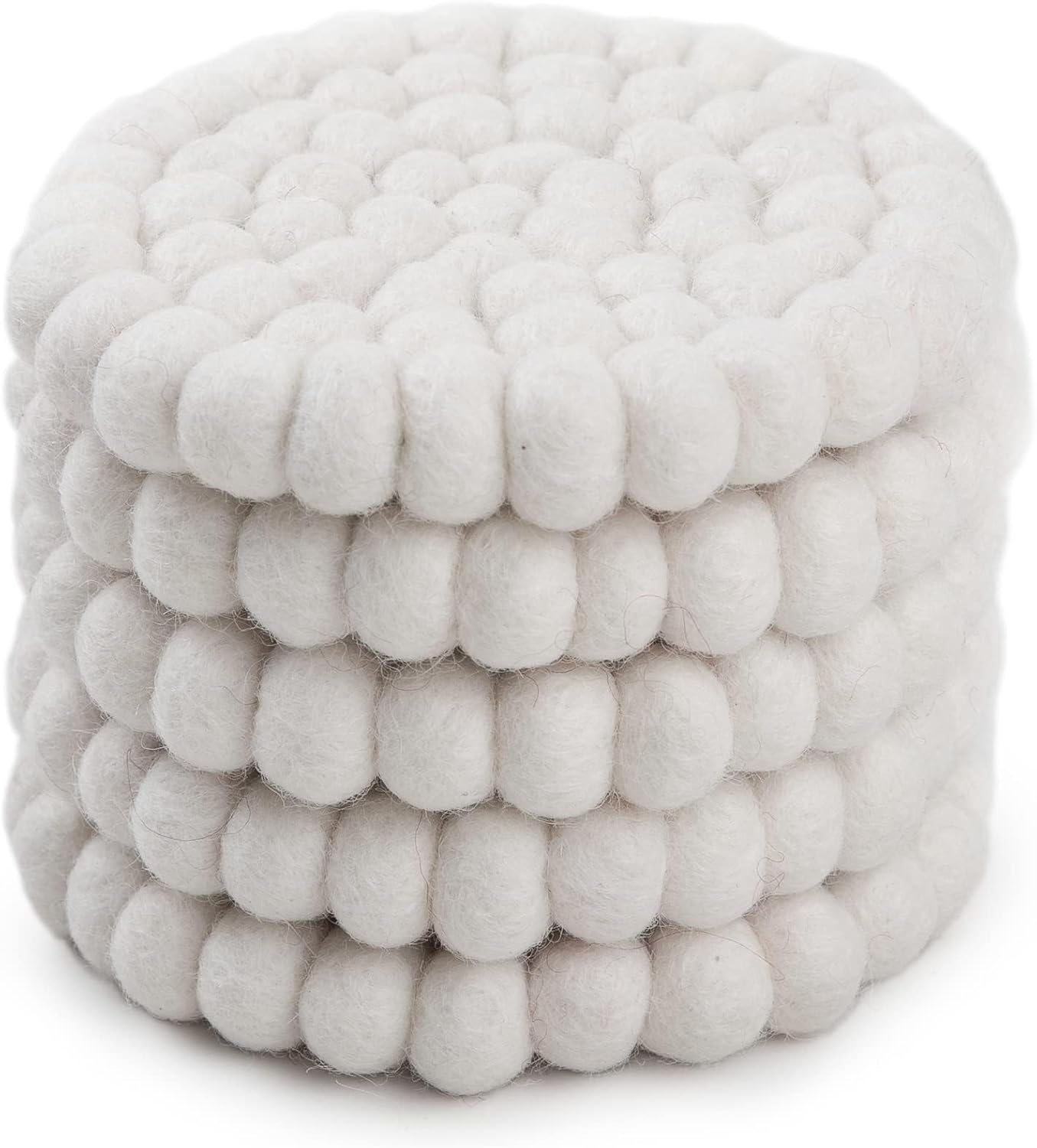 Round Felt Ball Coasters - 100% Merino Wool Table Coasters - Felt Coaster Pads, Absorbent Trivet for Drinks - Heat Resistant, Thick & Durable Hand Felted in Nepal by Woolygon- White - Set of 5